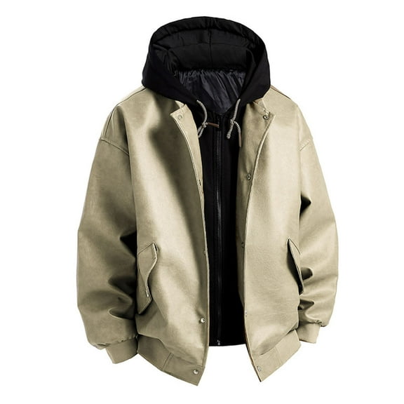 Rutainlusire Mens Fashion Hooded Leather Jackets 2025 Men's Solid Color Leather Jacket Fashionable Leather Long Sleeved Hooded Fake Two-piece Leather Jacket