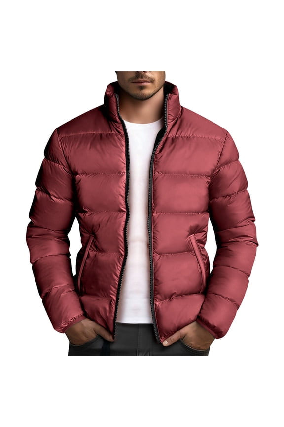 Mens Fashion Warm Color Blocked Puffer Jackets Mens Solid Color Pocket Jacket Top Jacket