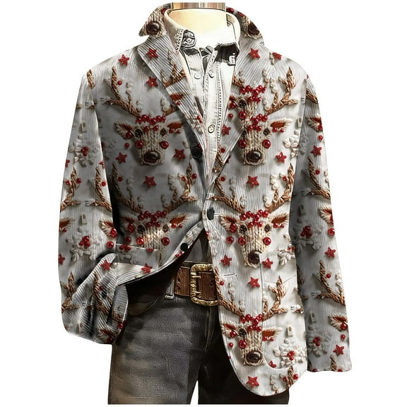 Rutainlusire Mens Trendy Christmas Printed Lapel Blazer Suit Jackets 2025 Men's Corduroy Print Ceremonial Dress Pocket Button Party Coat