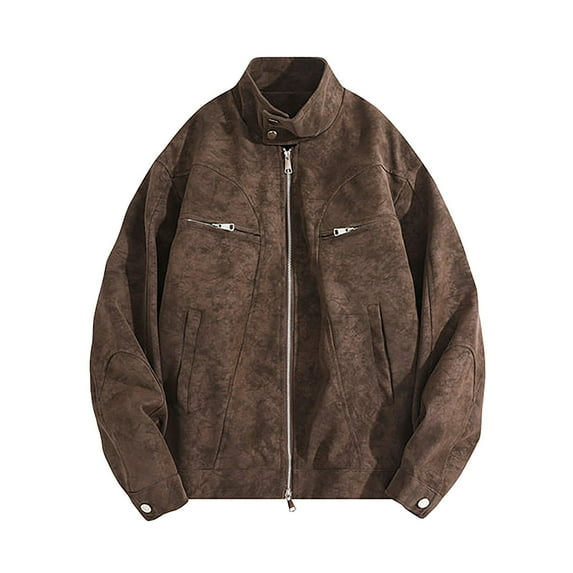 Rutainlusire Mens Trendy Leather Truck Jackets 2025 Fall Winter Men's Fashion Motorcycle Solid Color Zipper Pocket Leather Long Sleeved Jacket