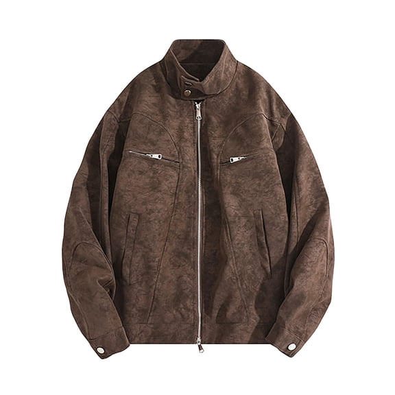 Rutainlusire Mens Trendy Leather Truck Jackets 2025 Fall Winter Men's Fashion Motorcycle Solid Color Zipper Pocket Leather Long Sleeved Jacket