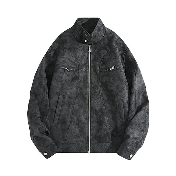 Rutainlusire Mens Trendy Leather Truck Jackets 2025 Fall Winter Men's Fashion Motorcycle Solid Color Zipper Pocket Leather Long Sleeved Jacket