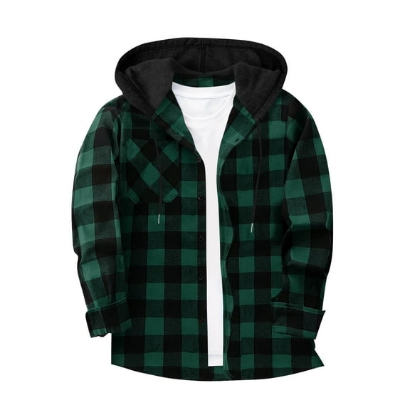 Rutainlusire Mens Trendy Plaid Printed Hooded Lightweight Comfy Buttoned Jackets 2025 Fall Winter Men Casual Patchwork Fashion Plaid Hooded Button Long Sleeve Shirt Blouse