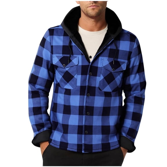 Rutainlusire Mens Trendy Warm Plaid Fleece Velvet Lined Hooded Jackets Men Casual Faddish Solid Long Sleeves Button Hooded Outwear Sports Coat Jacket