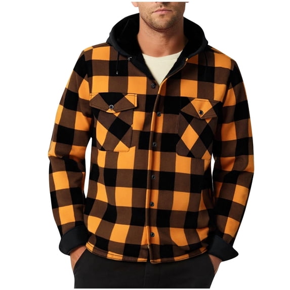Rutainlusire Mens Trendy Warm Plaid Fleece Velvet Lined Hooded Jackets Men Casual Faddish Solid Long Sleeves Button Hooded Outwear Sports Coat Jacket
