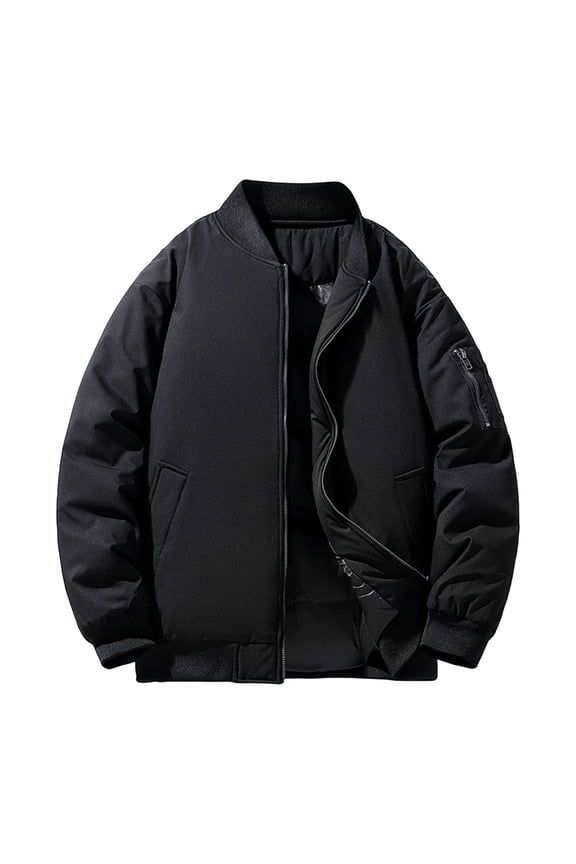 Mens Trendy Warm Puffer Bomber Jackets 2025 Men's Solid Color Long Sleeved Stand Up Collar Zipper Cardigan Jacket