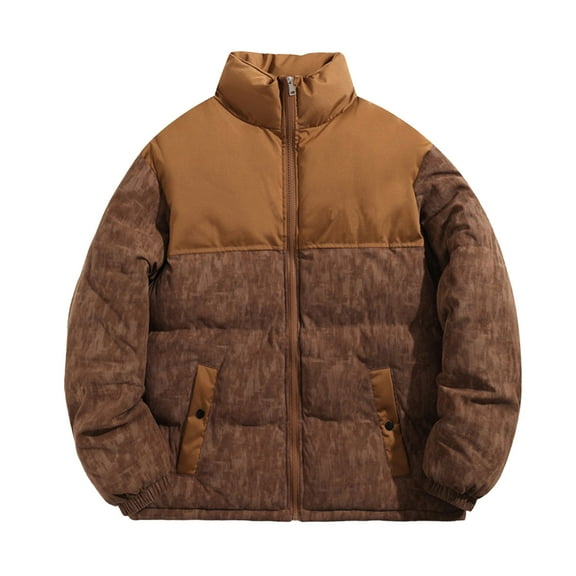Rutainlusire Mens Trendy Warm Puffer Jackets Cotton Jackets 2025 Men's Color Blocked Long Sleeved Stand Up Collar Zipper Cardigan Thickened Warm Jacket
