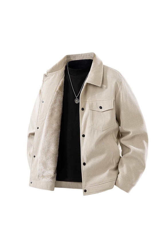 Mens Trendy Warm Winter Fleece Lined Lapel Cargo Jackets 2025 Men's Solid Color Long-sleeved Lapel Button-up Corduroy Jacket