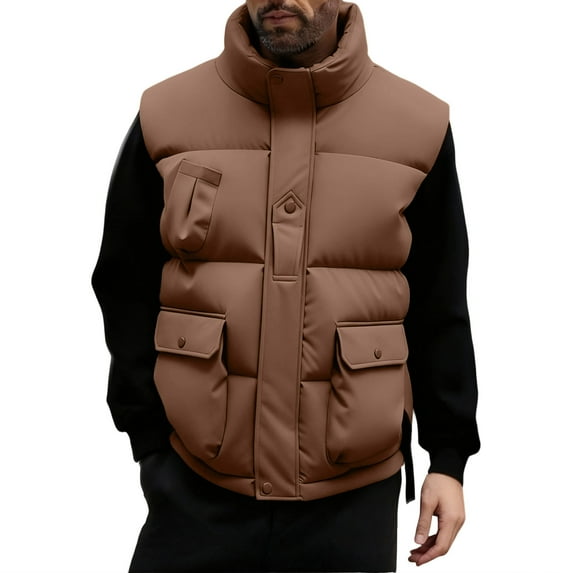 Rutainlusire Mens Winter Warm Sleeveless Puffer Jackets 2025 Men's Casual Fashion Sleeveless Stand Up Collar Pocket Zipper Hooded Jacket