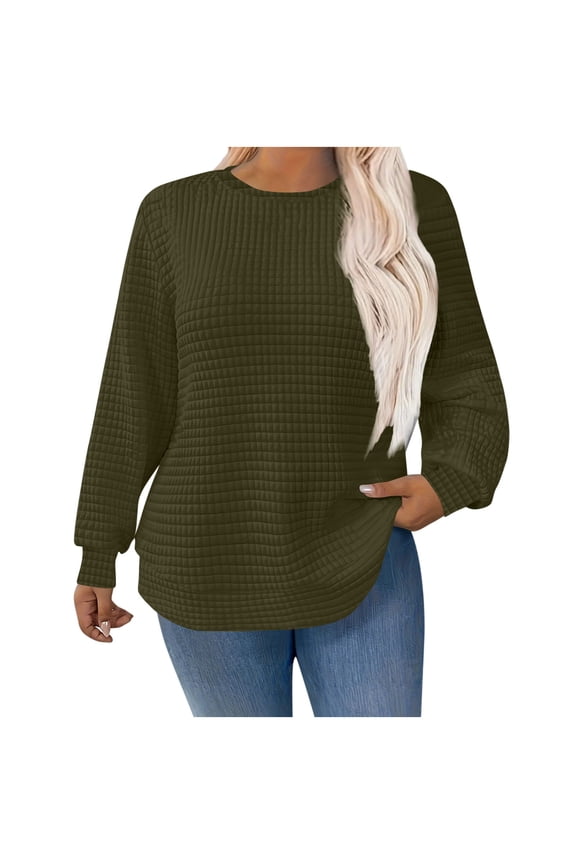 Plus Size Women's Fashion Casual Waffle Knit Ladies Solid Loose Long Sleeve Round Neck Comfy Blouses Hoodless Sweatshirts 2025