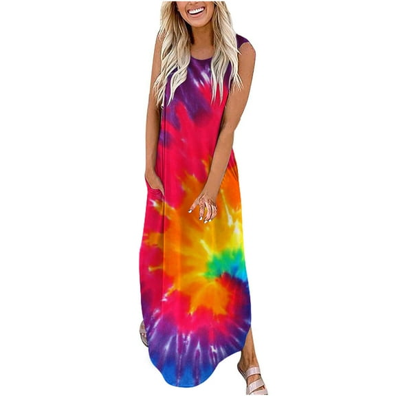 Rutainlusire Sleeveless Dress for Summer for Women Women's Maxi Dresses Summer Casual Cross Rounk Neck Sleeveless Slit Vacation Beach Pockets Long Dress