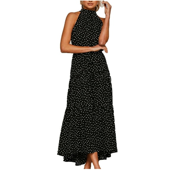 Rutainlusire Sleeveless Dress for Summer for Women Women Fashion Summer Halter Sleeveless Print Evening Sling Long Dress