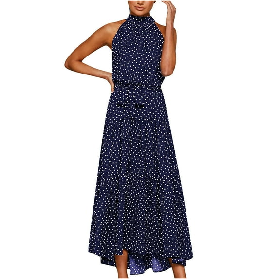 Rutainlusire Sleeveless Dress for Summer for Women Women Fashion Summer Halter Sleeveless Print Evening Sling Long Dress