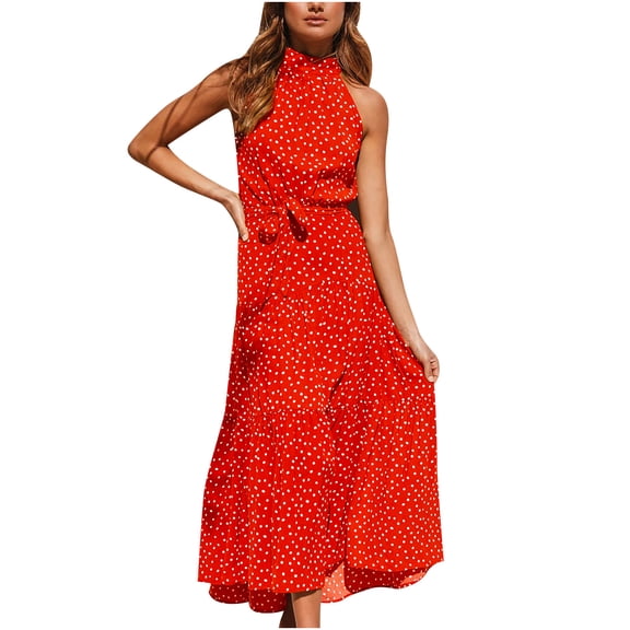 Rutainlusire Sleeveless Dress for Summer for Women Women Fashion Summer Halter Sleeveless Print Evening Sling Long Dress