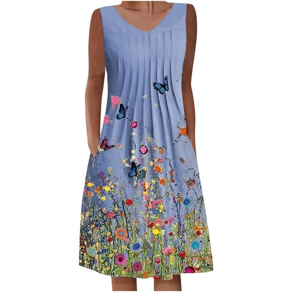 Rutainlusire Sleeveless Dress for Summer for Women Women's Summer Casual Round Neck Sleeveless Folding with Pocket Printed Dresses