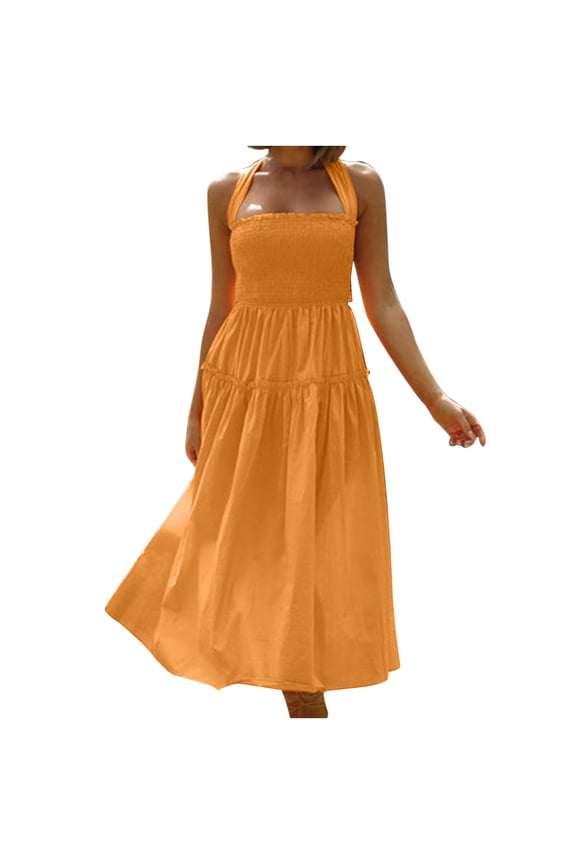 Sleeveless Dress for Summer for Women Womens Summer Casual Beach Halter Neck Sleeveless Solid Dress