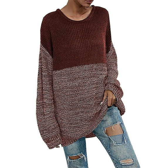 Rutainlusire Women Blouses Dressy Casual Womens Blouses Women's Loose And Casual Patchwork Long-sleeved Round-neck Knitted Shirt Top
