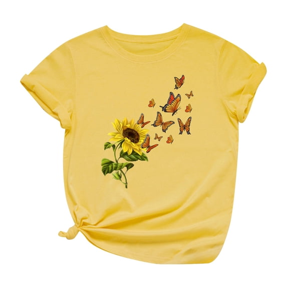 Rutainlusire Women Tops Women Butterfly Print Short Sleeve Round Neck Novelty Graphic Tops