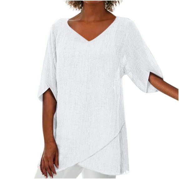 Brilliant Women Tops Women Casual Short Sleeve V-Neck Cotton Solid Irregular Tops Blouse clothes under $10.00