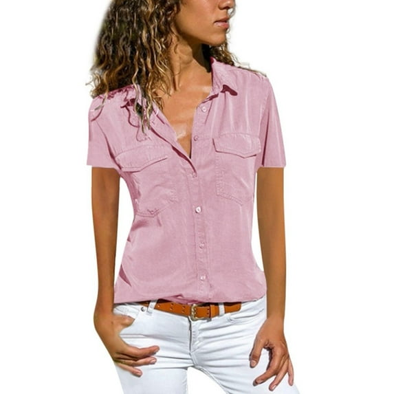 Brilliant Women Tops Women Casual Solid Short Sleeve Turn Down Collar Pockets Buttons Shirt Tops clearance clothes under $10.00