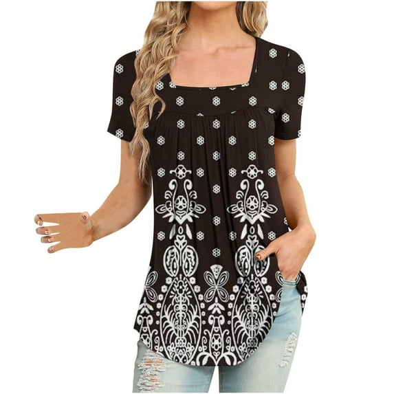 Rutainlusire Women Tops Women Printed Casual V-Neck Short Sleeve Loose T-Shirt Blouse Tops