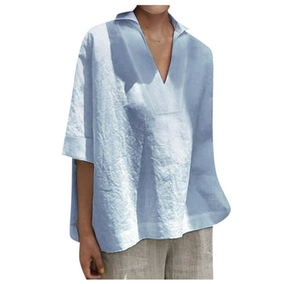 Rutainlusire Women Tops Women Short Sleeve V Neck Casual Loose Tops Ladies Cotton Shirts Blouse