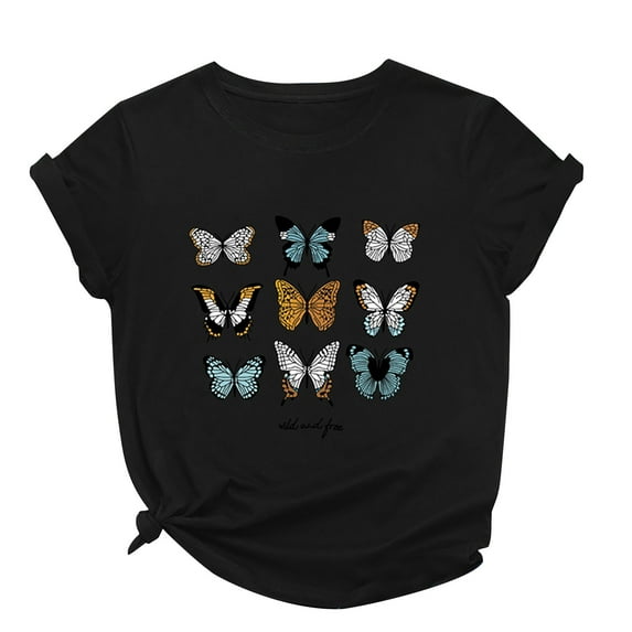 Brilliant Women Tops Women's Casual Loose Butterfly Print Round Neck Top T-Shirt clothes under $10.00