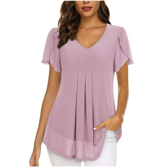 Brilliant Women Tops Women's Chiffon Solid Color Casual V-Neck Petal Short Sleeve T-Shirt Tops clearance clothes under $10.00