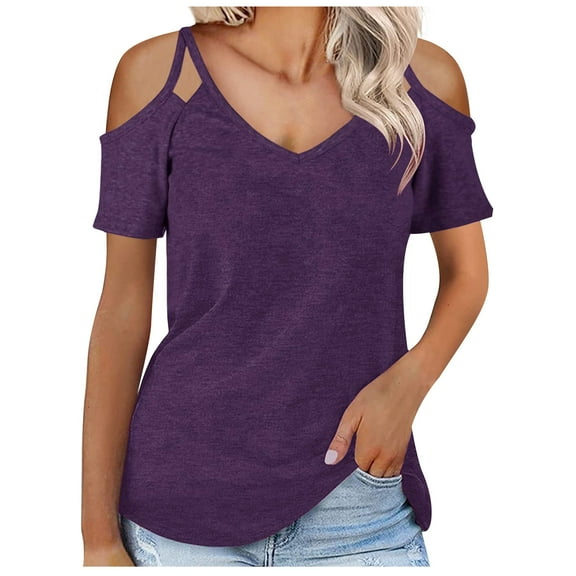 Brilliant Women Tops Women's Summer Solid Short Sleeve Top Off Shoulder V-Neck Casual Lace Up T-Shirt clothes under $10.00