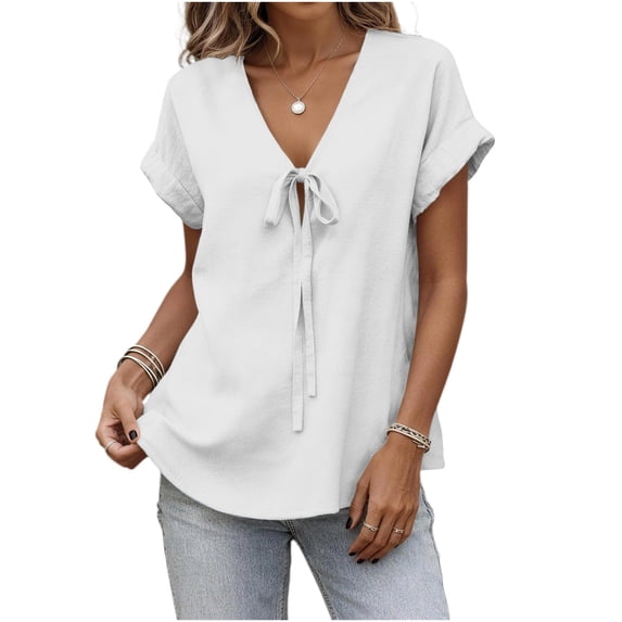Rutainlusire Women's Casual Loose Solid Tie Front Bow V Neck Rolled Short Sleeve Tops Blouses Women’s Fashionable Casual Solid Color Short Sleeve V-Neck Imitation With Blouses