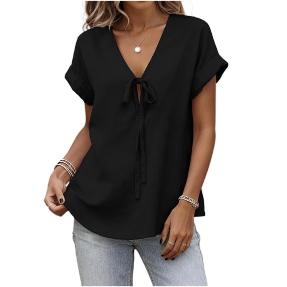 Rutainlusire Women's Casual Loose Solid Tie Front Bow V Neck Rolled Short Sleeve Tops Blouses Women’s Fashionable Casual Solid Color Short Sleeve V-Neck Imitation With Blouses