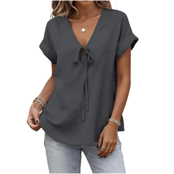 Rutainlusire Women's Casual Loose Solid Tie Front Bow V Neck Rolled Short Sleeve Tops Blouses Women’s Fashionable Casual Solid Color Short Sleeve V-Neck Imitation With Blouses