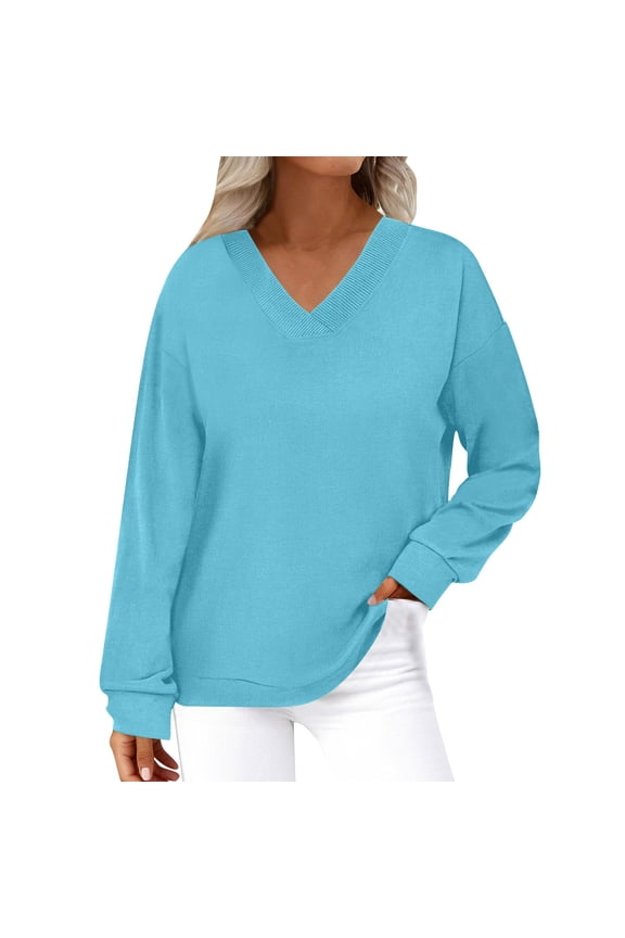 Women's Casual Trendy Solid Color Loose Long-Sleeved V-neck Sweatshirt Tops Fall Winter 2025