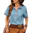 thumbnail image 1 of Rutainlusire Women's Color Block Collared Denim Trim Button Short Sleeve Tops Blouses Women's Colorblock Short Sleeve Button-Down Top With Contrast Collar, 1 of 6