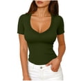 thumbnail image 1 of Rutainlusire Women's Deep V-Neck Ribbed Short-Sleeve Slim Fit T-Shirt Tops Fashion Women's Casual Solid Color Pleated Short Sleeve V-Neck Blouses Shirts, 1 of 5