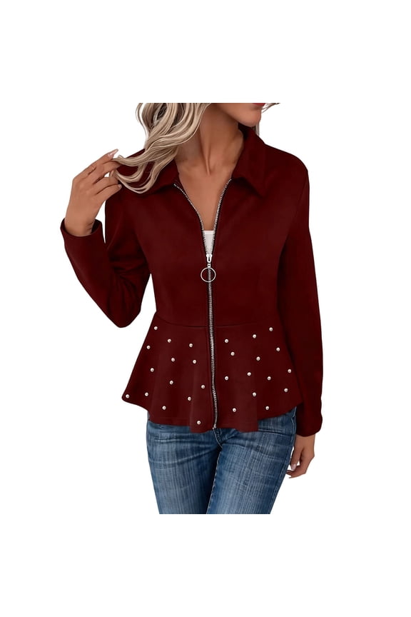 Women's Fashion Casual Comfy Lapel Beaded Peplum Jacket 2025 Fall Winter Women's Casual Color Hooded Pocket Long Sleeved Sweater Jacket