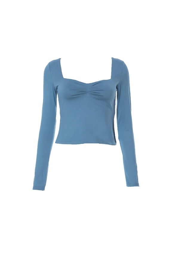 Women's Fashion Comfy Square Neck Top Blouses Women Neck Long Sleeve Ruched Side Slit Crop Top Solid Color Fashion Blouse