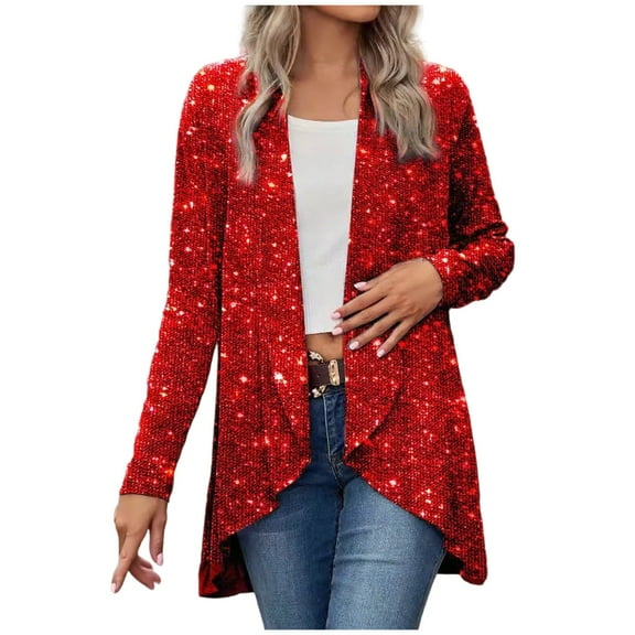 Rutainlusire Women's Fashion Sparkle Sequin Cardigan Jackets 2025 Fall Winter Women's Casual Color Hooded Pocket Long Sleeved Sweater Jacket
