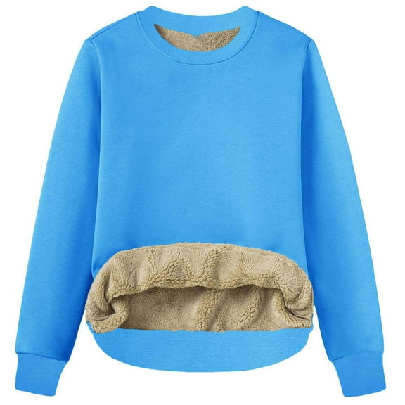 Rutainlusire Women's Fashion Warm Fleece-Lined Solid Loose T-shirt Long Sleeves Blouse Round Neck Casual Tops 2025