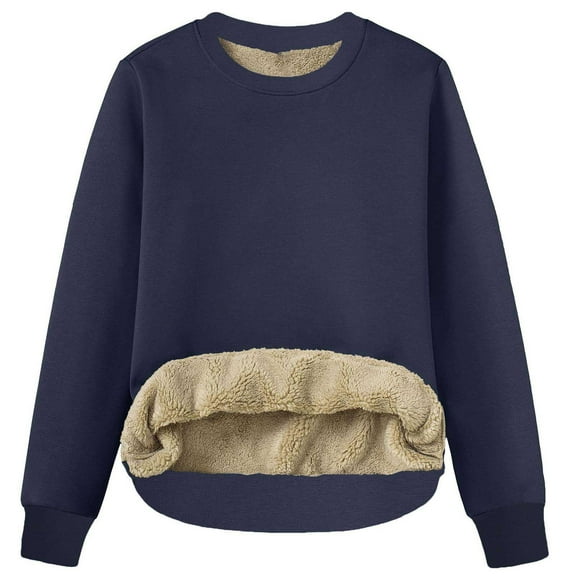 Rutainlusire Women's Fashion Warm Fleece-Lined Solid Loose T-shirt Long Sleeves Blouse Round Neck Casual Tops 2025