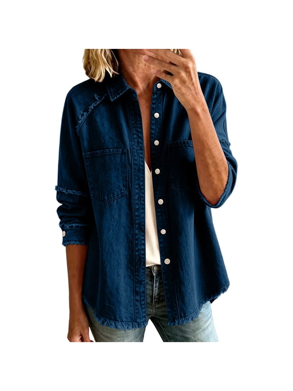 Women's Frayed Denim Button Down Shirt Raw Edge Hem Two Chest Pockets Casual Jacket
