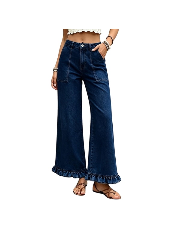Women's High Waisted Wide Leg Jeans with Ruffle Hem and Pockets, Button Fly Denim Pants for Casual Daily Wear and Work