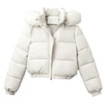 thumbnail image 1 of Rutainlusire Women's Hooded Puffer Jacket, Zip and Snap Front Winter Coat with Faux Fur Trim and Pockets, Warm Short Outerwear for Cold Weather, 1 of 6