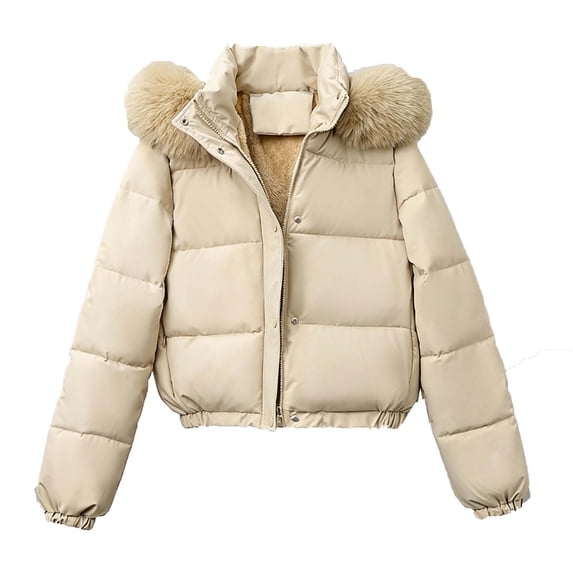 Rutainlusire Women's Hooded Puffer Jacket, Zip and Snap Front Winter Coat with Faux Fur Trim and Pockets, Warm Short Outerwear for Cold Weather