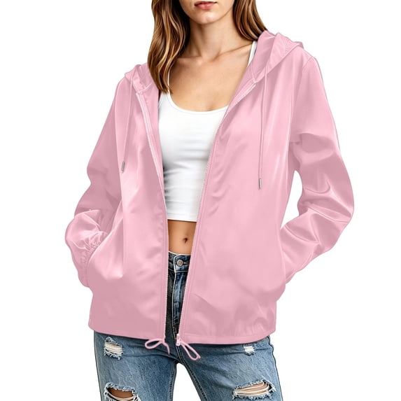 Rutainlusire Women's Hooded Windbreaker Jacket, Long Sleeve Zip Up Outdoor Raincoat, Lightweight Water Resistant Outerwear for Hiking and Daily Wear Pink-XXL
