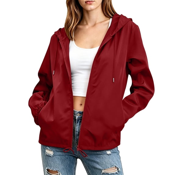 Rutainlusire Women's Hooded Windbreaker Jacket, Long Sleeve Zip Up Outdoor Raincoat, Lightweight Water Resistant Outerwear for Hiking and Daily Wear Wine-XXXL