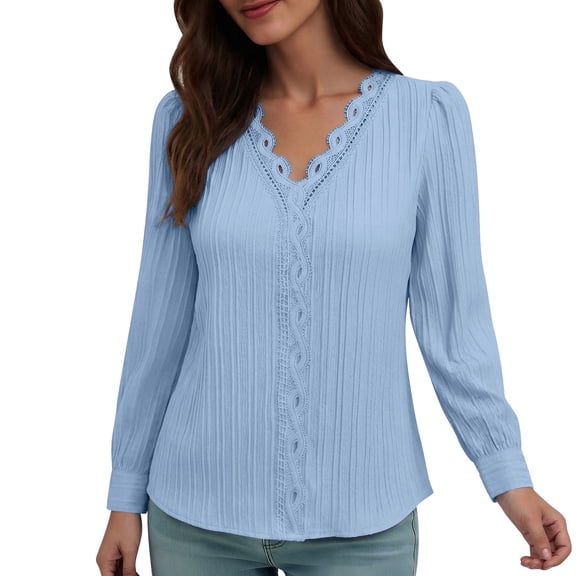 Rutainlusire Women's Long Sleeve Blouse Dressy V-Neck Solid Color Tops Casual Comfortable for Everyday Wear