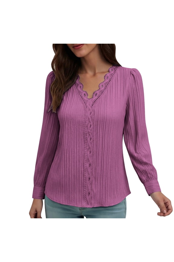 Women's Long Sleeve Blouse Dressy V-Neck Solid Color Tops Casual Comfortable for Everyday Wear