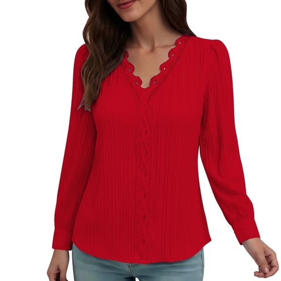 Rutainlusire Women's Long Sleeve Blouse Dressy V-Neck Solid Color Tops Casual Comfortable for Everyday Wear