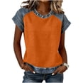 thumbnail image 1 of Rutainlusire Women's Round Neck Waffle Knit Faux Denim Patchwork Short Sleeve Tops Ladies Casual Loose Fit Stretchy Soft Breathable Fabric Raglan Sleeve Design Tops, 1 of 6